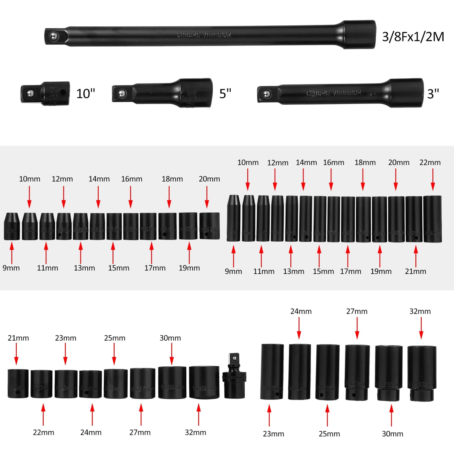 Juego de vasos de impacto métricos de 1/2 unidad, 45 piezas, surtido profundo y poco profundo, tamaños métricos de 9 mm a 32 mm, acero al cromo vanadio de grado superior 