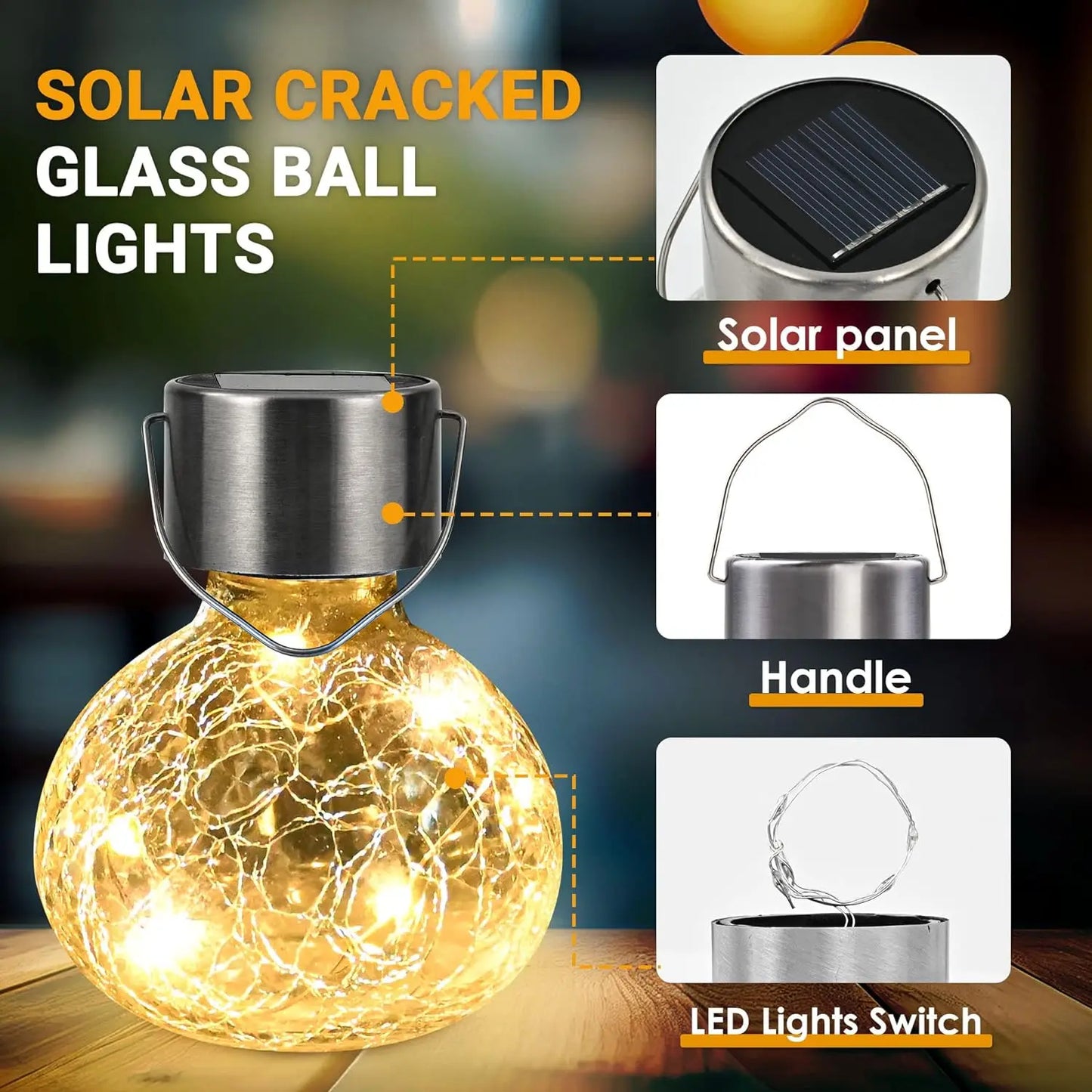 Luz LED Solar colgante de 1/4 Uds., luces de bola de cristal agrietadas para exteriores, impermeables, jardín, Patio, decoración de vacaciones 