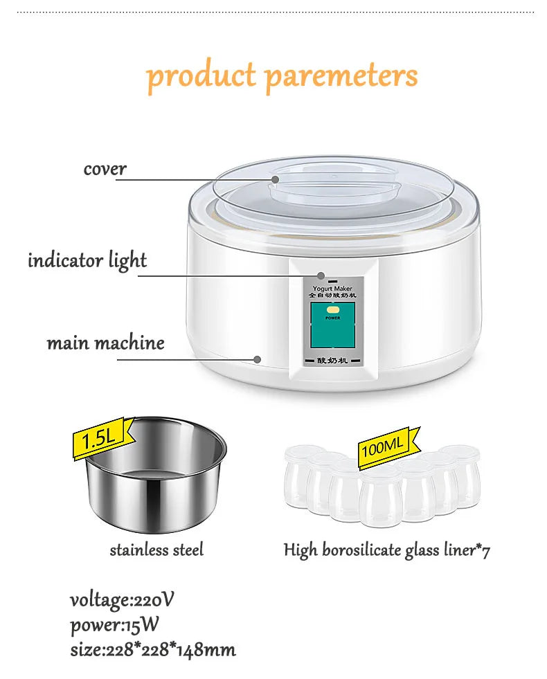 1.5L Electric Yogurt Maker Fermenter Automatic Multifunction Stainless Steel Liner Natto Rice Wine Pickle Machine 7 Yoghurt Cups