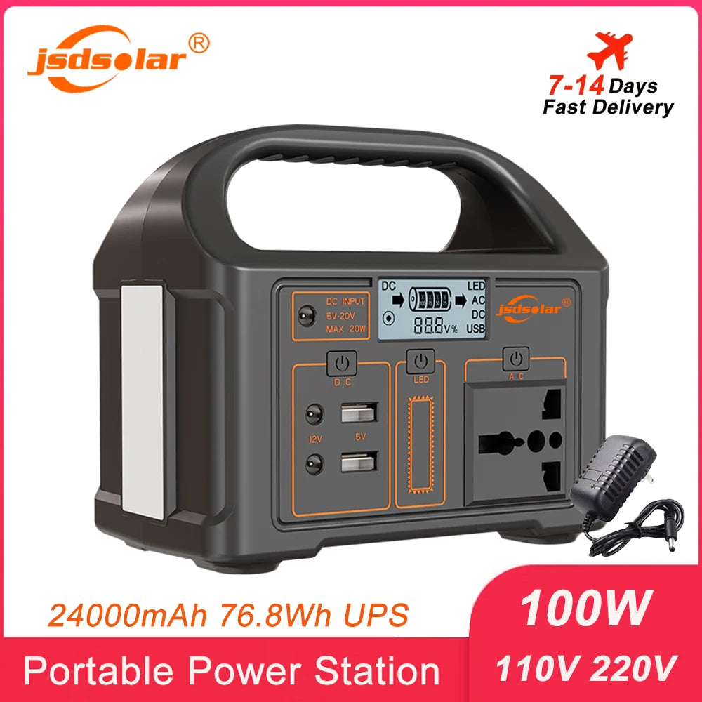 100W Portable Power Station 220V/110V Solar Generator Outdoor Emergency Mobile Power Bank 24000mAh LiFePO4 For Camping Power LED