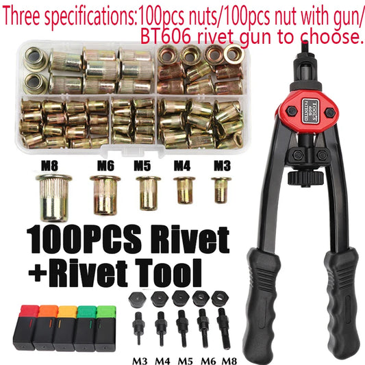 100 Uds tuerca de remache + pistola de Tuercas de remache roscado Manual BT606 M3 M4 M5 M6 M8 pistola remachadora Manual de doble inserción herramienta de remache Rivnut 