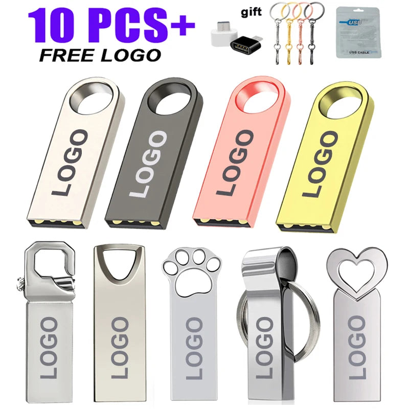 10 Uds Pen Drive de Metal 64GB 128GB logotipo gratuito unidad Flash USB 32GB disco Flash 16GB 8GB 4GB 2GB 1GB memoria Stick 512MB envío gratis 