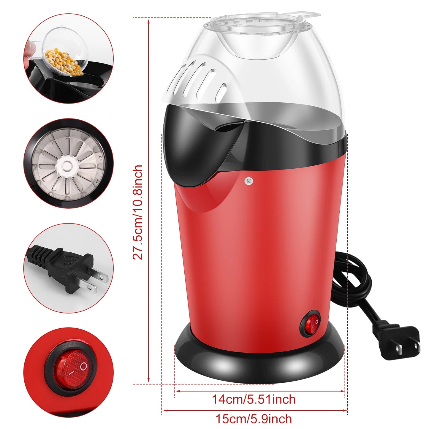 Máquina de palomitas eléctrica de 1200W con taza medidora, tapa superior, Mini máquina para hacer palomitas de maíz sin aceite, aire caliente saludable para el hogar, bricolaje