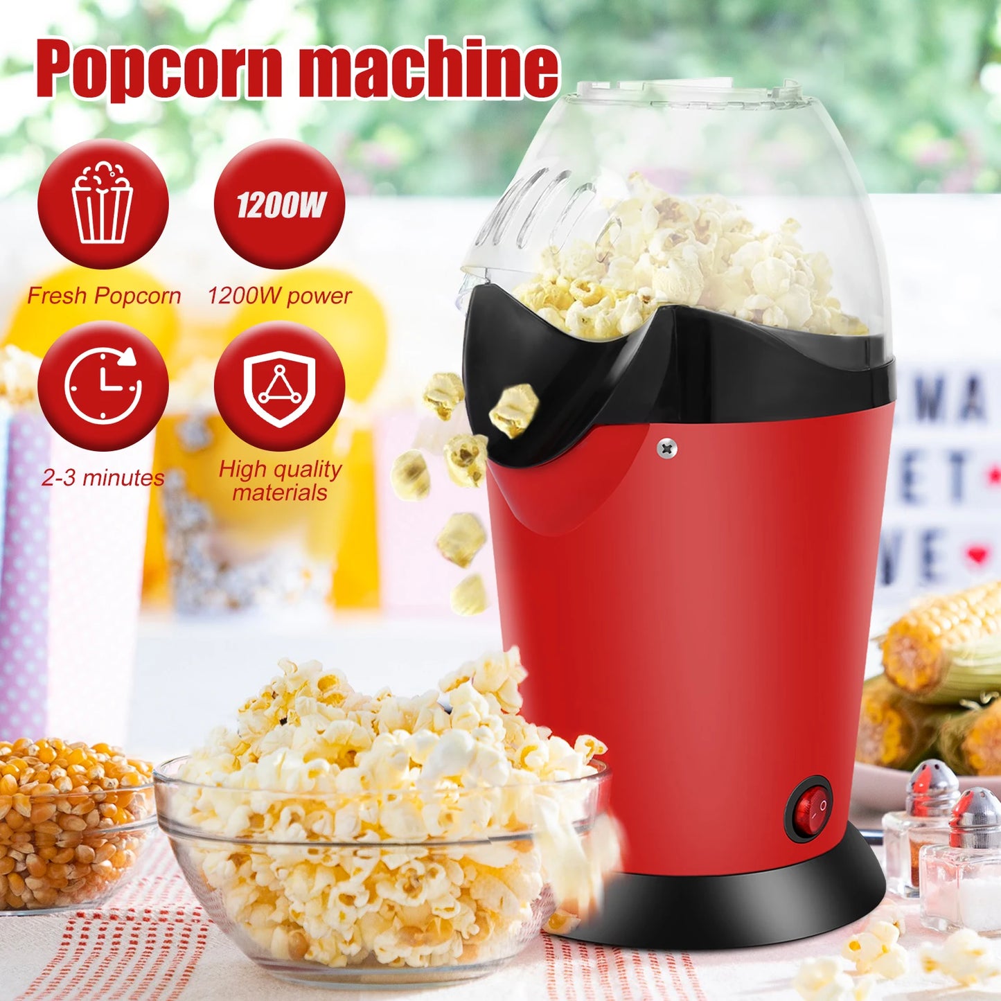 Máquina de palomitas eléctrica de 1200W con taza medidora, tapa superior, Mini máquina para hacer palomitas de maíz sin aceite, aire caliente saludable para el hogar, bricolaje