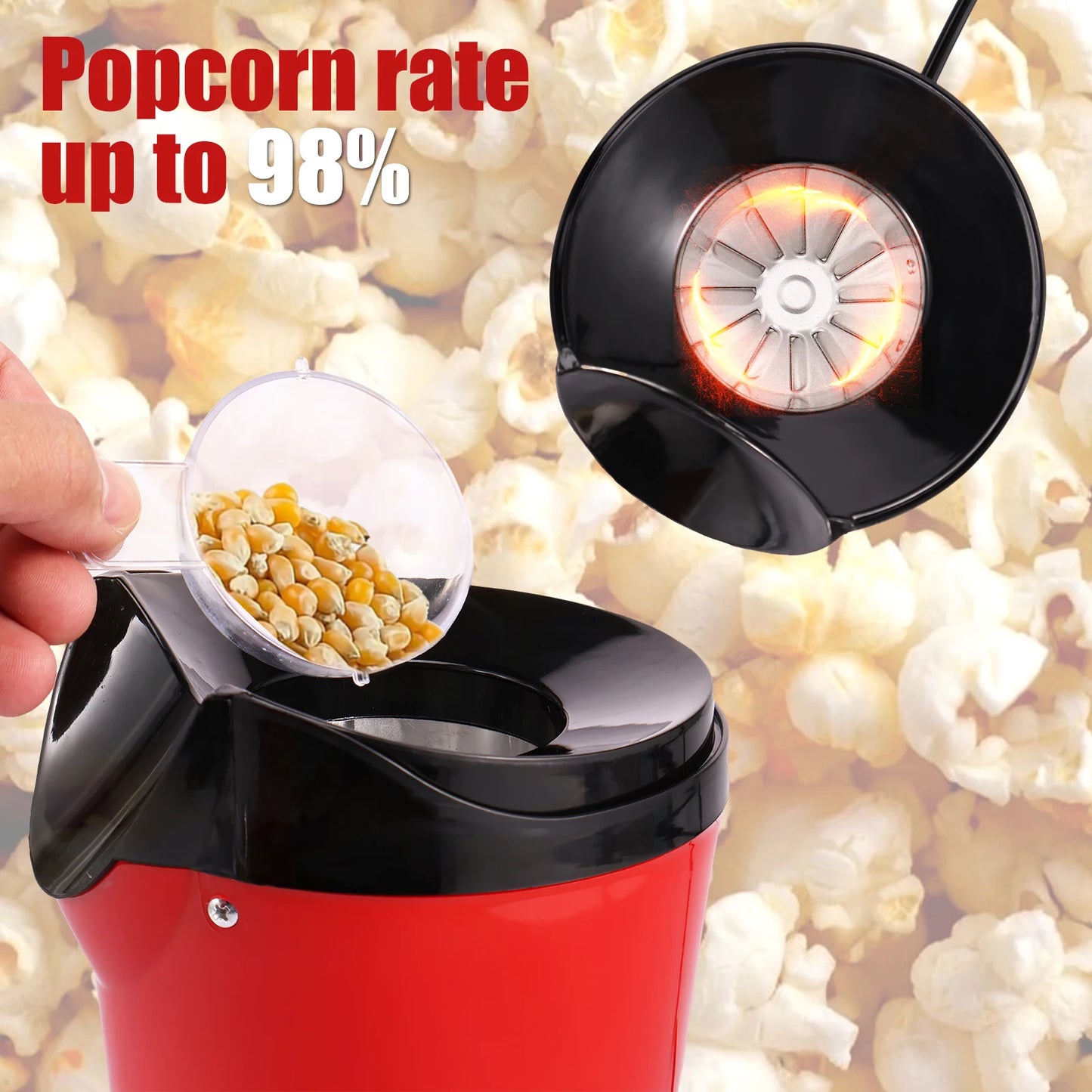 Máquina de palomitas eléctrica de 1200W con taza medidora, tapa superior, Mini máquina para hacer palomitas de maíz sin aceite, aire caliente saludable para el hogar, bricolaje