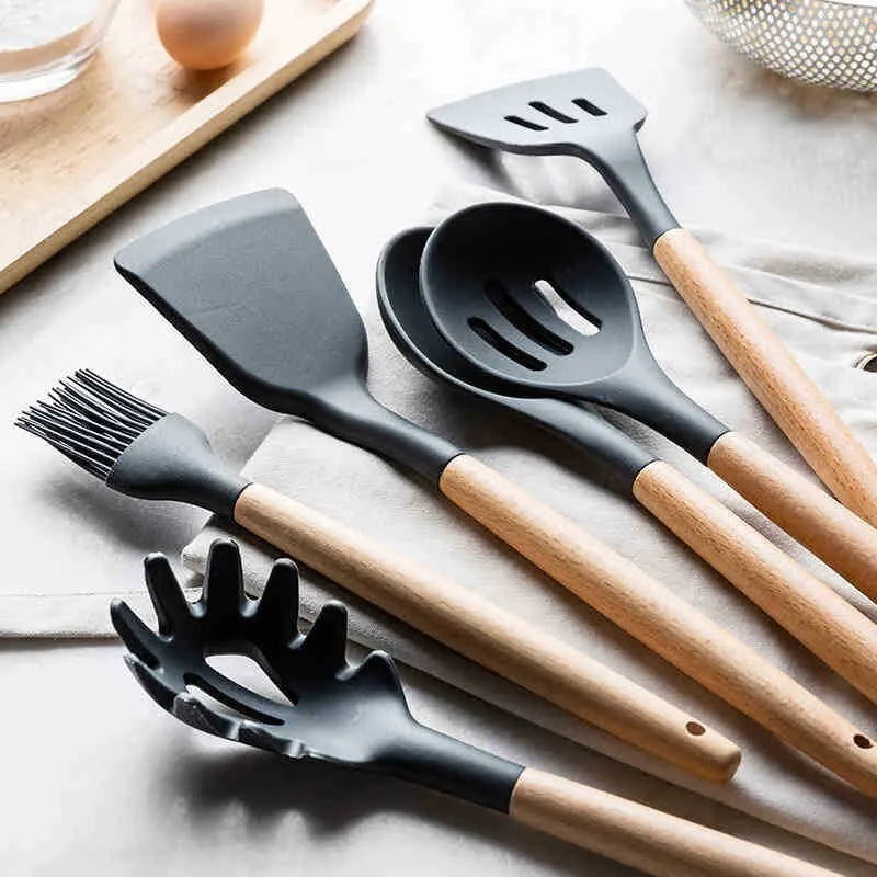 12 unids/set de utensilios de cocina de silicona con mango de madera con cubo de almacenamiento resistente a altas temperaturas y cuchara espátula antiadherente 