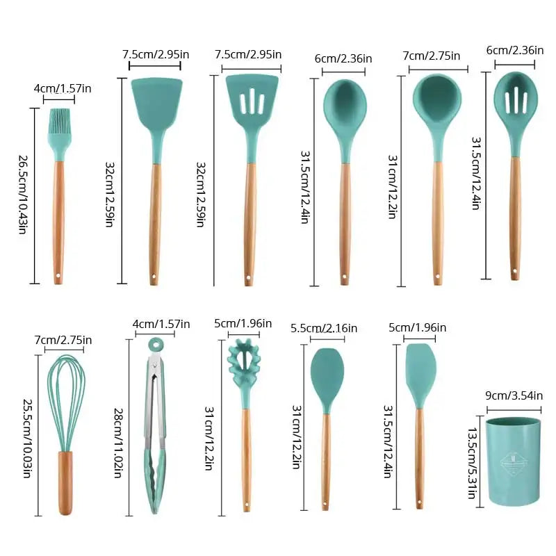 12 unids/set de utensilios de cocina de silicona con mango de madera con cubo de almacenamiento resistente a altas temperaturas y cuchara espátula antiadherente 