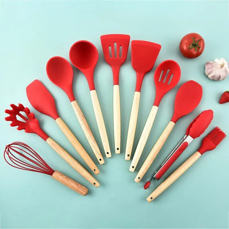 12 unids/set de utensilios de cocina de silicona con mango de madera con cubo de almacenamiento resistente a altas temperaturas y cuchara espátula antiadherente 