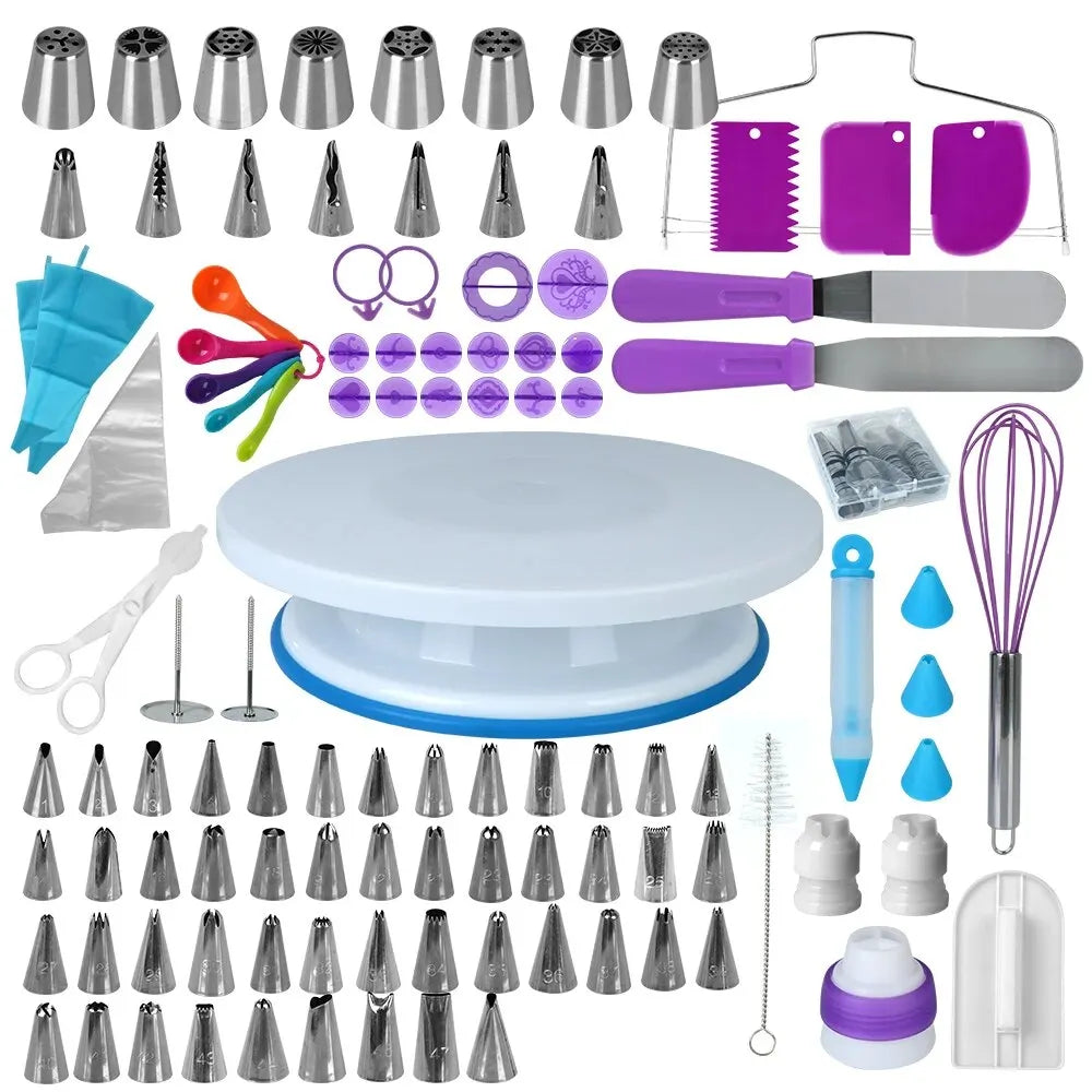 Kit de herramientas de decoración de pasteles, juego de tocadiscos de repostería, boquilla para tubería, juego de bolsas, soporte giratorio, accesorios de herramientas para hornear, 137 Uds. 