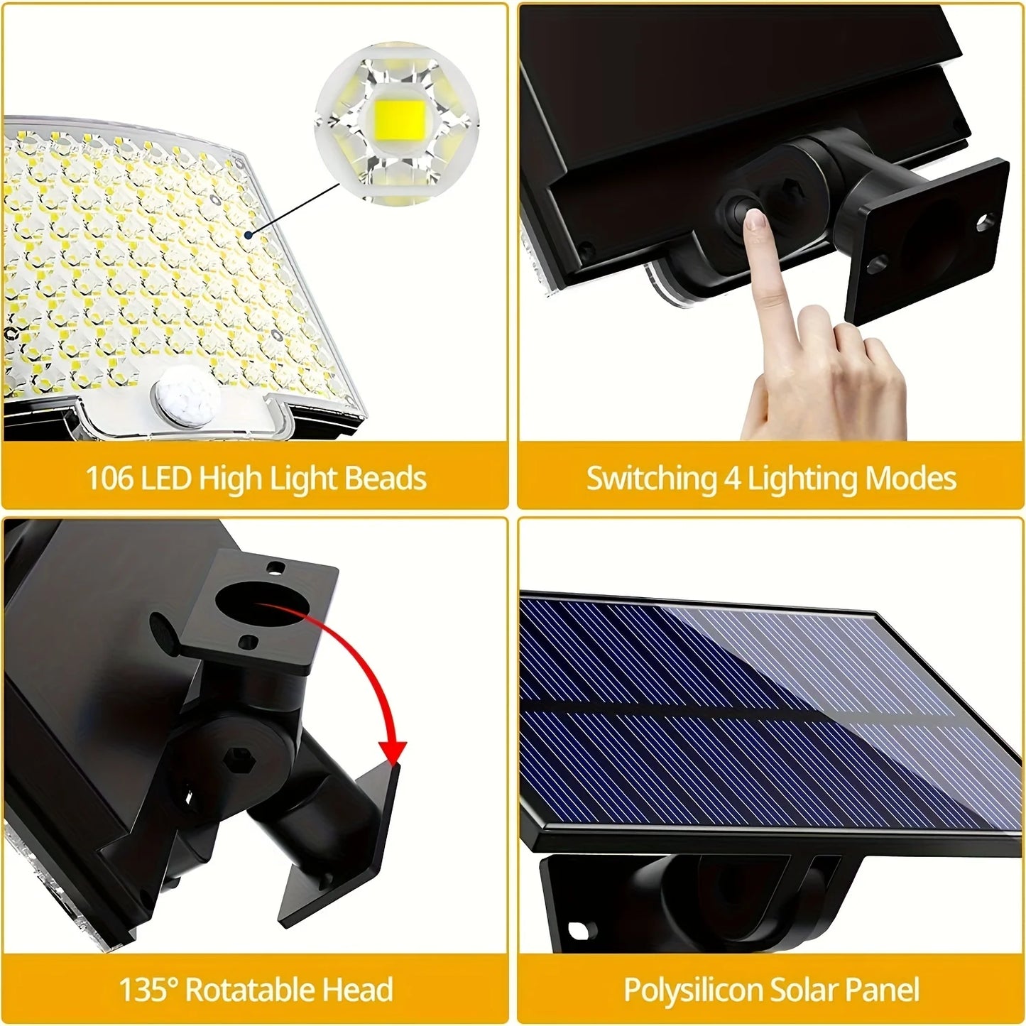 Luz Solar dividida de 106LED para exteriores, resistente al agua con Sensor de movimiento, reflector, Control remoto, 3 modos para Patio, garaje, Patio trasero, 1 ud. 