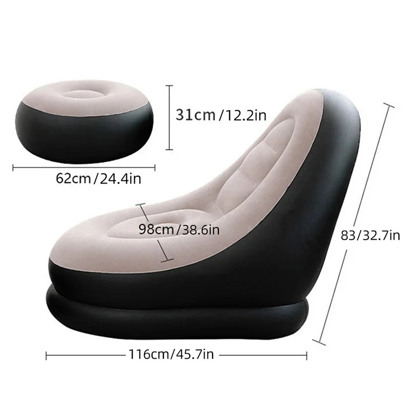 1pc Brown Inflatable Lazy Sofa with Footstool PVC Flocking Surface Sofa Chair Foldable Lounge Chair Desk Chair