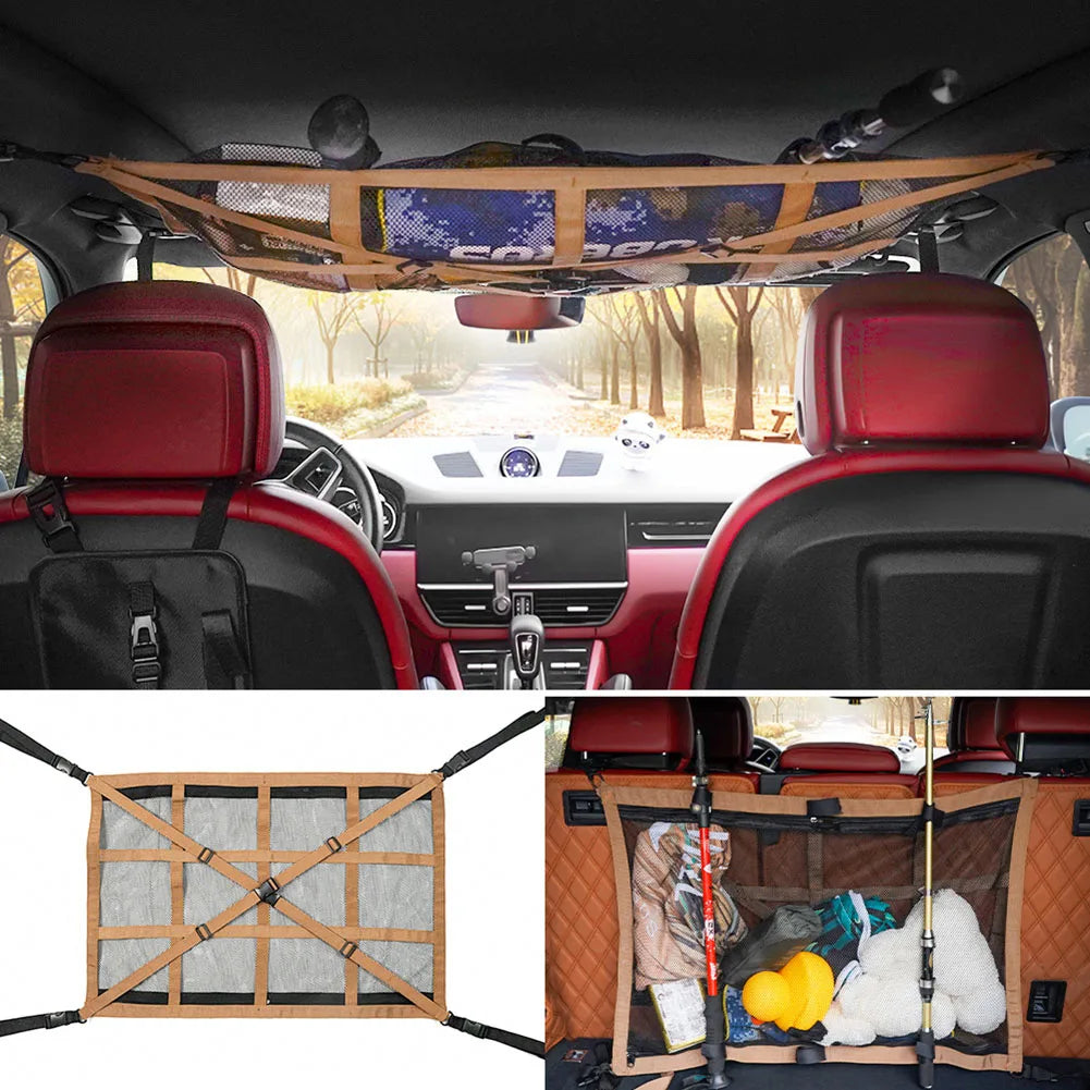 1pc Car Ceiling Storage Net Pocket Roof Bag Interior Cargo Adjustable Mesh Sundries Organizer Storage Bags For Van SUV Truck