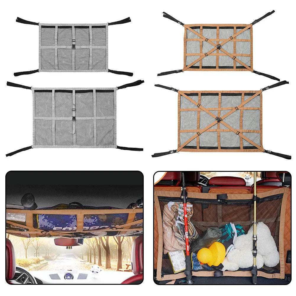 1pc Car Ceiling Storage Net Pocket Roof Bag Interior Cargo Adjustable Mesh Sundries Organizer Storage Bags For Van SUV Truck