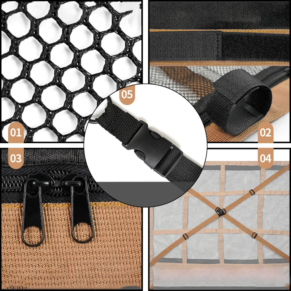 1pc Car Ceiling Storage Net Pocket Roof Bag Interior Cargo Adjustable Mesh Sundries Organizer Storage Bags For Van SUV Truck