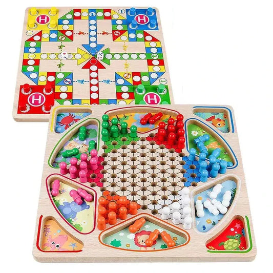 Mini juego de ajedrez 2 en 1 de doble cara, tablero de ajedrez volador de madera, damas chinas, juego de tablero de Ludo volador, juguete familiar para niños 