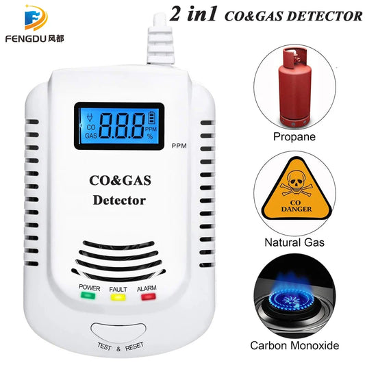 Detector de gas 2 en 1, alarma doméstica enchufable de gas natural/metano/propano/CO, detector de sensor de fugas con mensaje de voz y pantalla LED 