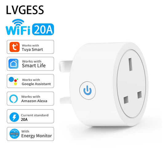 Enchufe inteligente Tuya de 20A con WiFi, adaptador de 3 pines para el hogar, Control por voz Alexa, función de temporizador de monitoreo de energía, conjunto de toma de corriente 