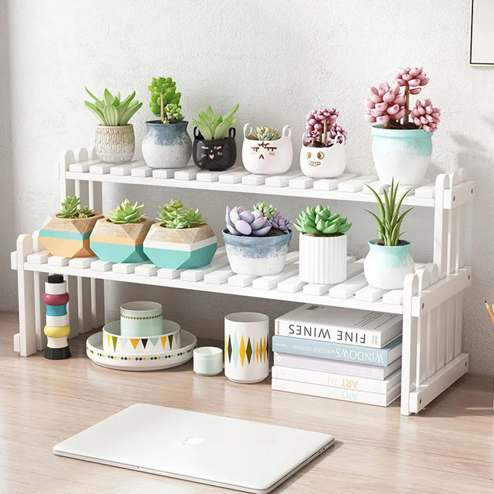 Soporte de exhibición de plantas para macetas de flores de 2 niveles, estante para plantas de bambú Natural, decorativo moderno para soporte de plantas, estante de almacenamiento para macetas de libros 