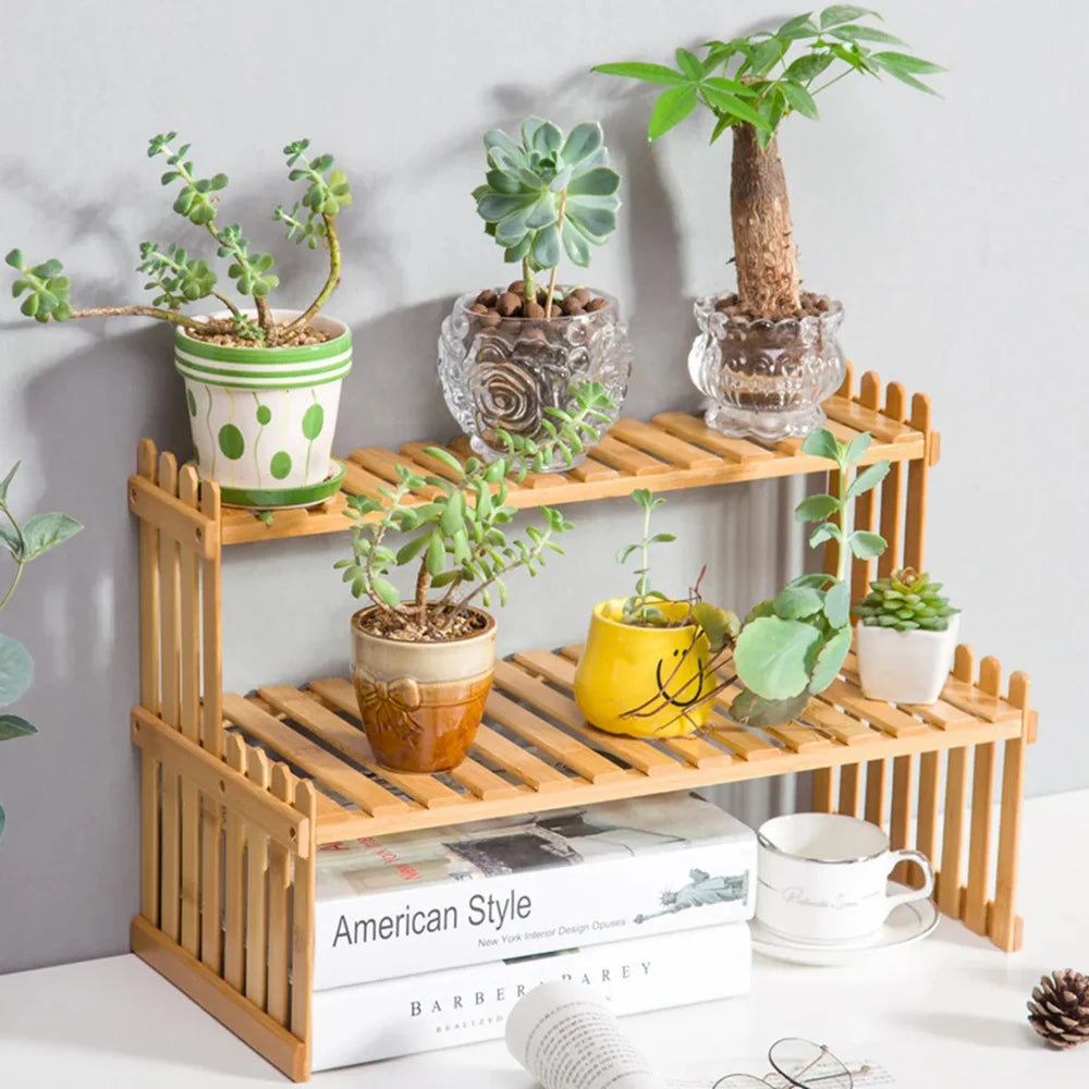 Soporte de exhibición de plantas para macetas de flores de 2 niveles, estante para plantas de bambú Natural, decorativo moderno para soporte de plantas, estante de almacenamiento para macetas de libros 