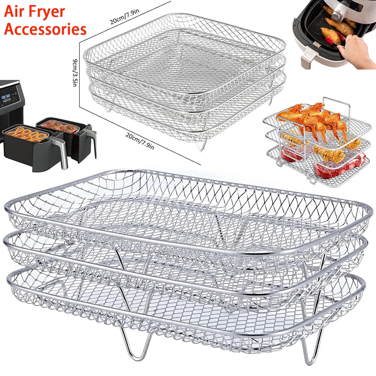 3-layers Air Fryer Rack Stackable Grilling Rack Stainless Steel Airfryer Oven Grill Steamer Cooker Kitchen Gadgets Cooking Tools