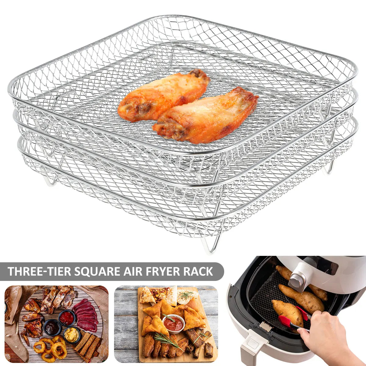 3-layers Air Fryer Rack Stackable Grilling Rack Stainless Steel Airfryer Oven Grill Steamer Cooker Kitchen Gadgets Cooking Tools