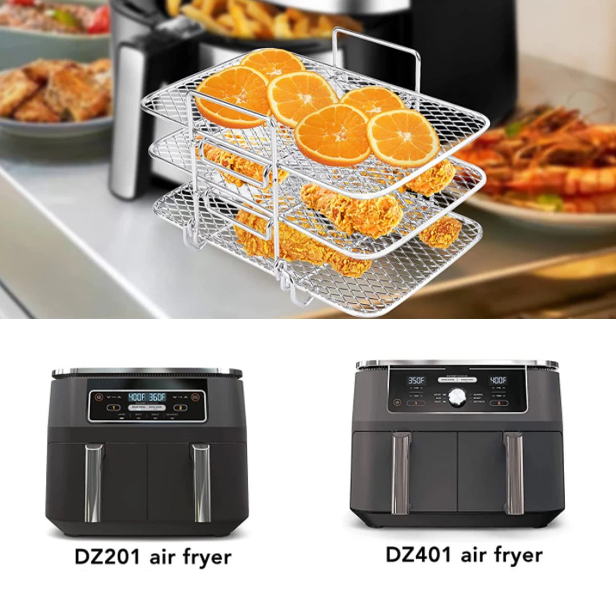 3-layers Air Fryer Rack Stackable Grilling Rack Stainless Steel Airfryer Oven Grill Steamer Cooker Kitchen Gadgets Cooking Tools