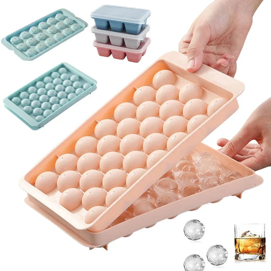 Caja de hielo de bola redonda de plástico, 33 rejillas, bandeja de hielo redonda, molde, moldes para hacer bolas de hielo, bandeja de cubitos de hielo redonda 3D con tapa de plástico 