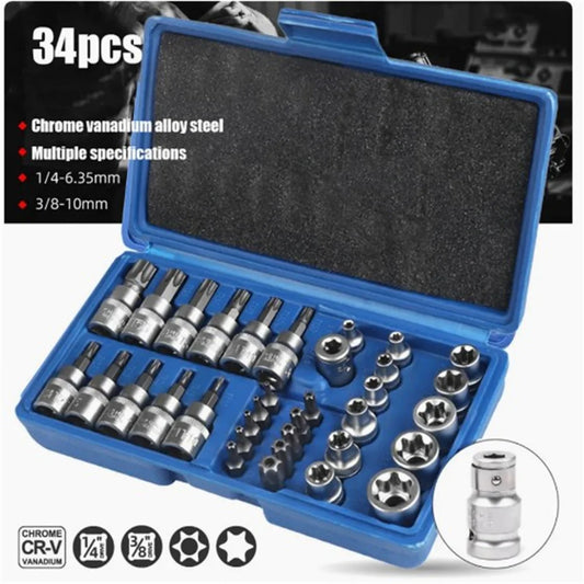 Juego de brocas Torx Star de 34 Uds., llave de trinquete de 3/8 "con tornillo con cabeza hexagonal de 5/16", herramienta de mano combinada para el hogar 