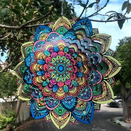 3D Colorful Wind Spinning Mandala 12 Inch Foldable Rotating Wind Chime 12 Inch Garden Metal Wind Chime Peacock Flower