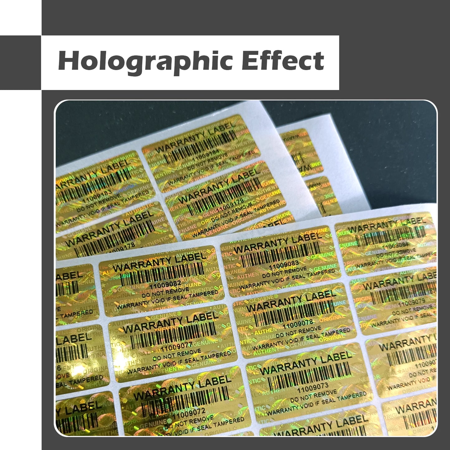 Pegatinas a prueba de manipulaciones de 3x1,5 cm con código de barras, sello de garantía holográfico dorado, etiquetas de seguridad con holograma con número de serie único 