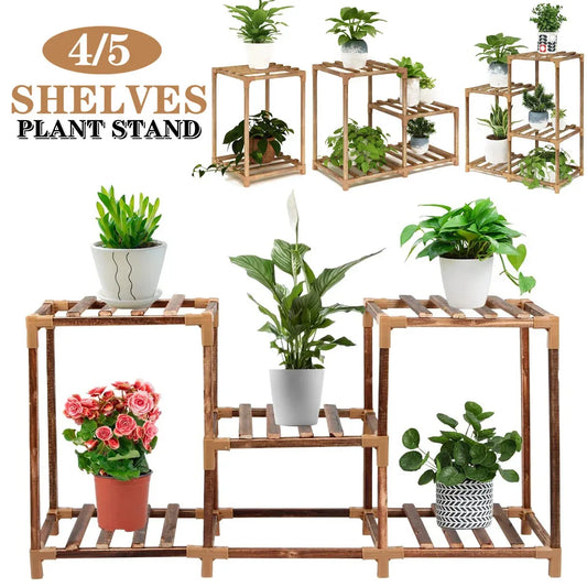 4/5-Shelves Plant Flower Stand Indoor Outdoor Wooden Plants Shelf Home Garden Pots Flower Rack Planter Display Shelf Plant Stand