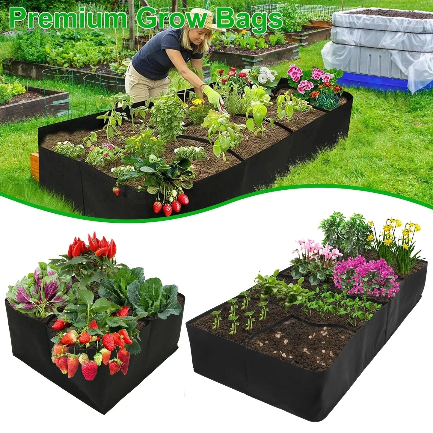 4/8 Grids Garden Raised Planting Bed Reusable Fabric Raised Garden Portable Rectangle Grow Bag Large Vegetable Planting Bags