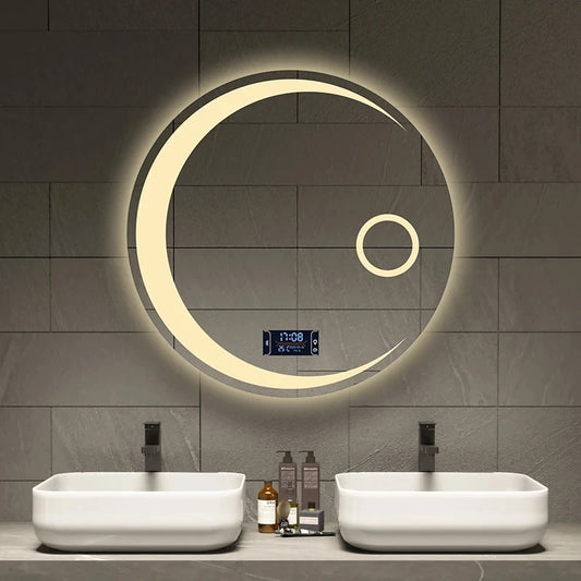 Espejo de baño con forma de luna redonda, luz LED ajustable de 3 colores con Altavoz Bluetooth antivaho, espejo de maquillaje inteligente, 40/50/60cm