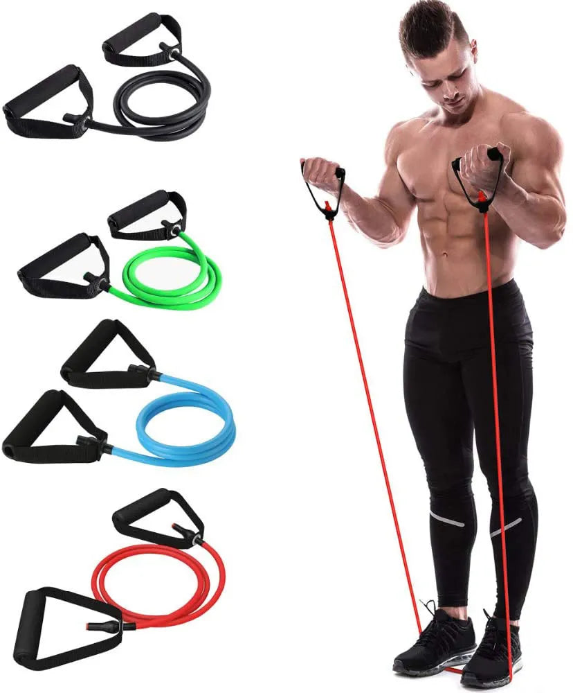 Bandas de resistencia de 5 niveles con asas, cuerda elástica para tirar de Yoga, banda de tubo para ejercicio físico para entrenamiento en casa, entrenamiento de fuerza 