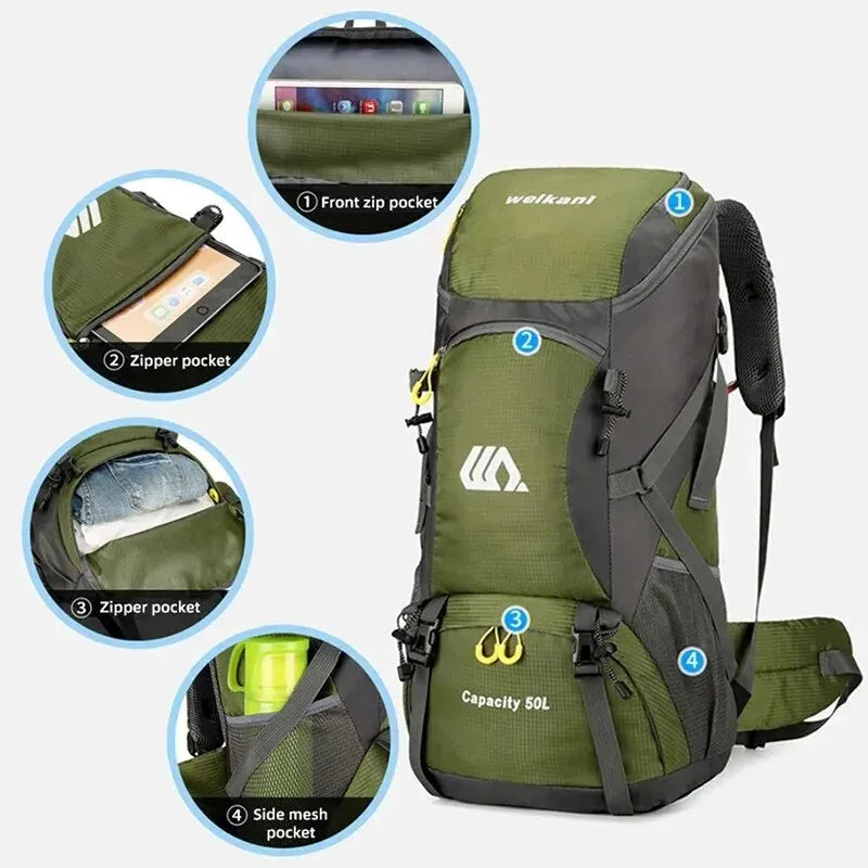 Mochila de viaje de 50L, bolsa de Camping para hombre, bolsa grande para senderismo, mochila turística, impermeable, para deportes al aire libre, escalada y montañismo 