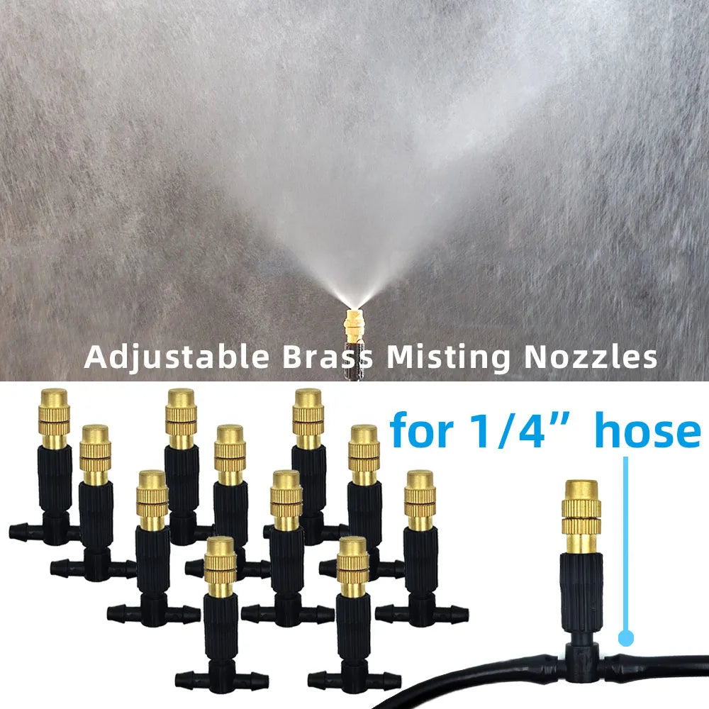 5M-30M Outdoor Misting Cooling System Garden Irrigation Watering 1/4'' Brass Atomizer Nozzles 4/7mm Hose for Patio Greenhouse