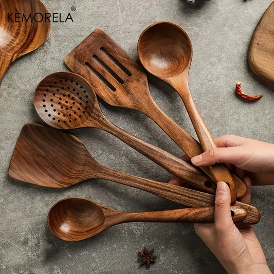 Cuchara de cocina de teca tailandesa, herramienta de vajilla de cocina de madera Natural, cucharón, colador de arroz, sopa, espumadera, cuchara, 5 uds.