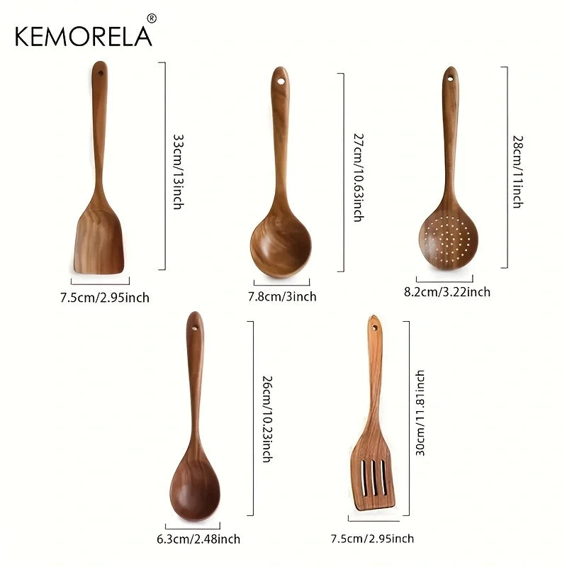 5PCS Thailand Teak Cooking Spoon Natural Wooden Kitchen Tableware Tool Ladle Turner Rice Colander Soup Skimmer Scoop Utensils