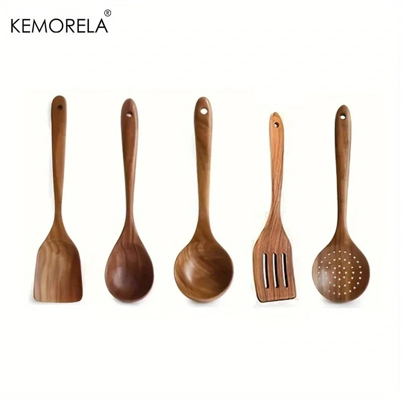 5PCS Thailand Teak Cooking Spoon Natural Wooden Kitchen Tableware Tool Ladle Turner Rice Colander Soup Skimmer Scoop Utensils