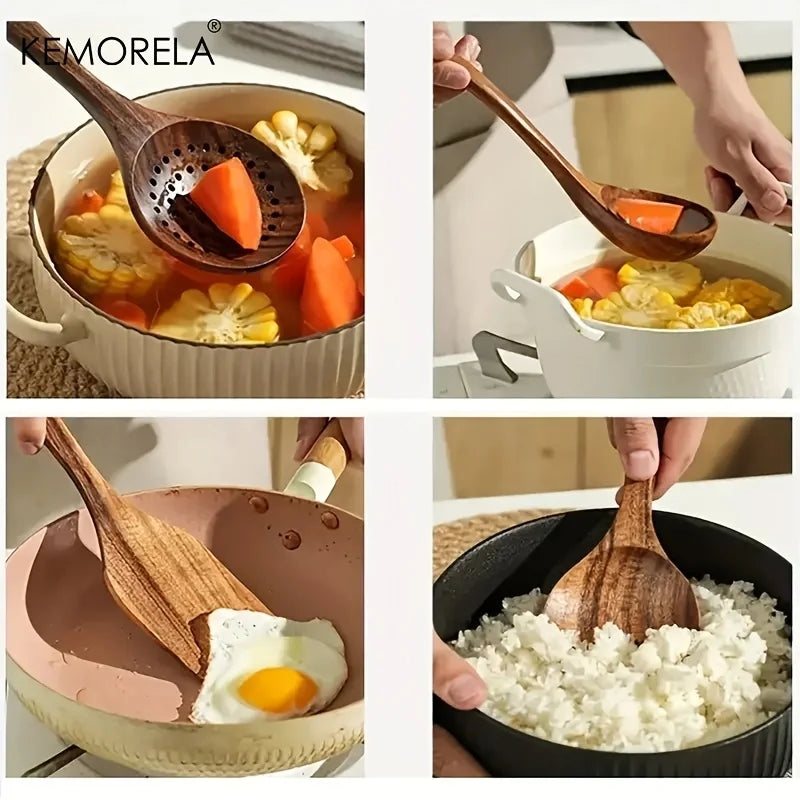 5PCS Thailand Teak Cooking Spoon Natural Wooden Kitchen Tableware Tool Ladle Turner Rice Colander Soup Skimmer Scoop Utensils