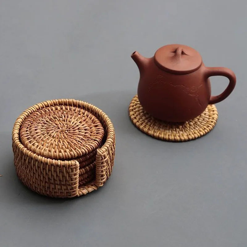 Juego de posavasos para bebidas, accesorios para té Kungfu, vajilla redonda, mantel, tapete para platos, tejido de ratán, tapete para tazas, diámetro de 8Cm, 6 uds. 