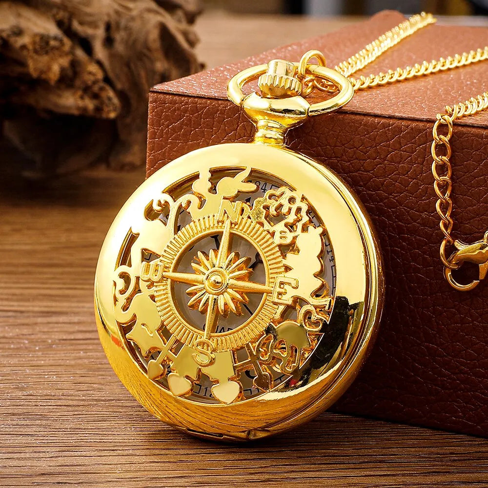 Antique Steampunk Vintage Arabic Numerals Quartz Pocket Watch Gold Case Necklace Pendant Clock Chain Mens Women