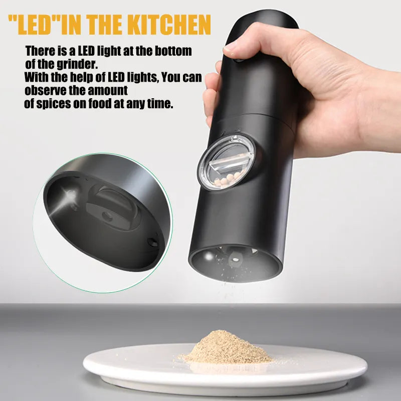 Molinillo de pimienta automático, molinillo de sal y pimienta, recargable por USB, molino de especias de aspereza ajustable con luz LED, herramienta de cocina