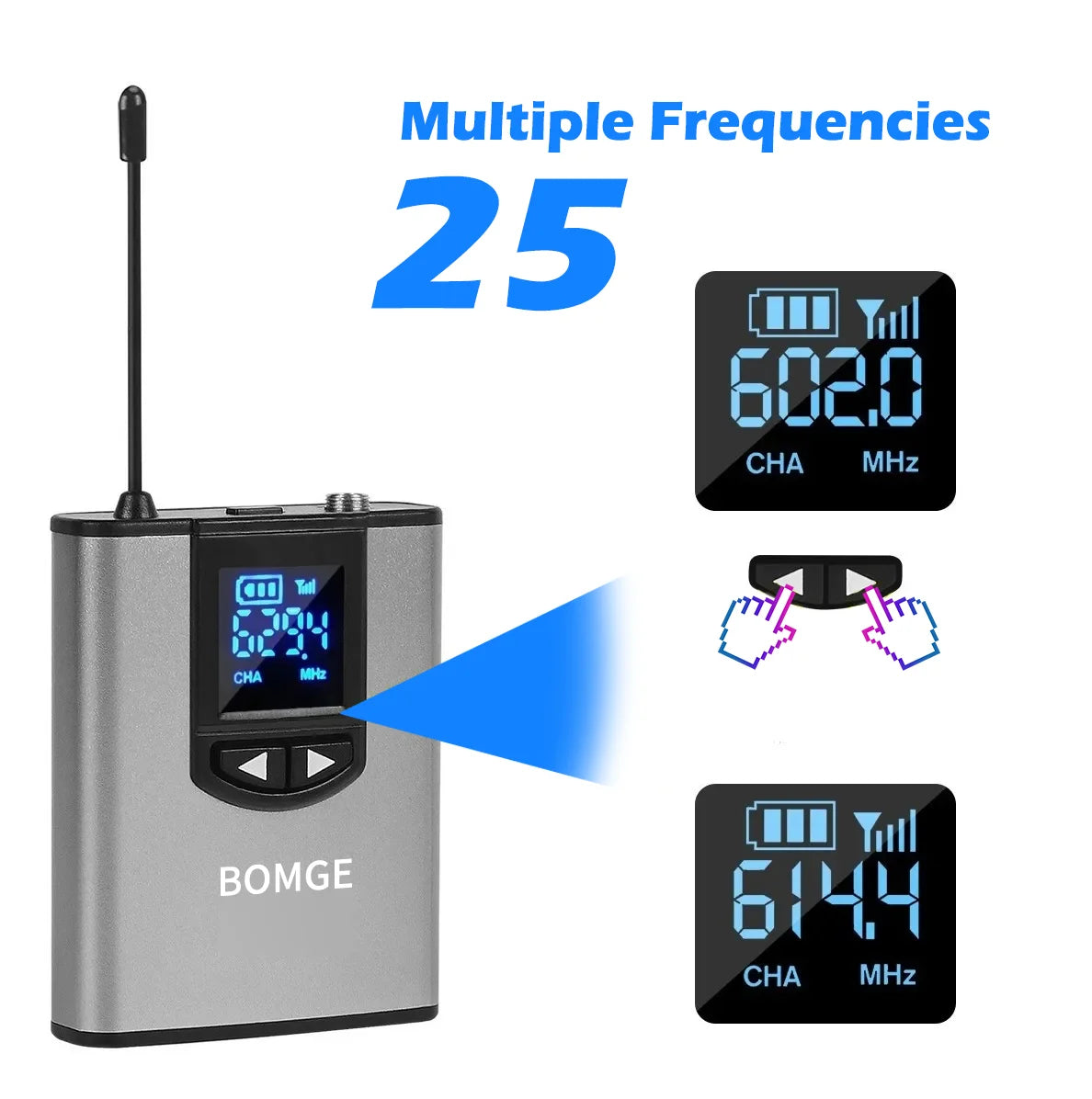 BOMGE Sistema con micrófono inalámbrico dual Micrófono para auriculares/Micrófono de pie/Micrófono de solapa Lavalier con transmisor y receptor de petaca recargable 