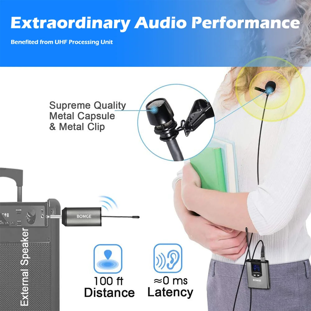 BOMGE Sistema con micrófono inalámbrico dual Micrófono para auriculares/Micrófono de pie/Micrófono de solapa Lavalier con transmisor y receptor de petaca recargable 