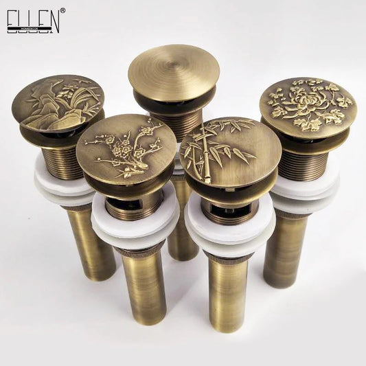 Bathroom Lavatory Basin Sink Pop Up Drain with Round Carved Cover Brass with & without Overflow Vanity Sink Waste Drainer