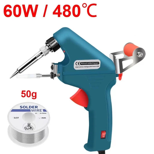 Soldador azul de 60W, pistola de mano endotérmica con pico de águila, alambre de 50G, herramienta interna de reparación calentada, dispensador Manual de estaño para el hogar 