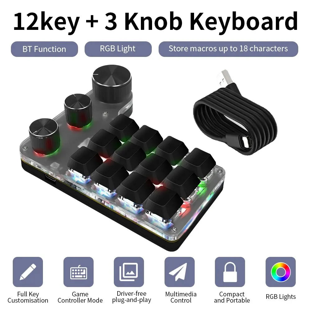 Bluetooth Programming Macro Custom 3 Knob Keyboard RGB 12 Key Copy Paste Photoshop Gaming Keypad Mechanical Hotswap Macropad