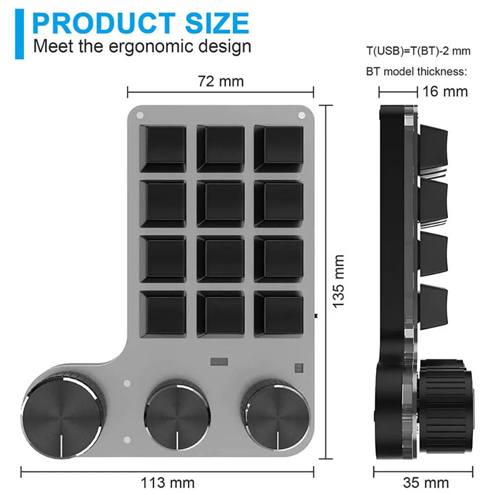 Bluetooth Programming Macro Custom 3 Knob Keyboard RGB 12 Key Copy Paste Photoshop Gaming Keypad Mechanical Hotswap Macropad