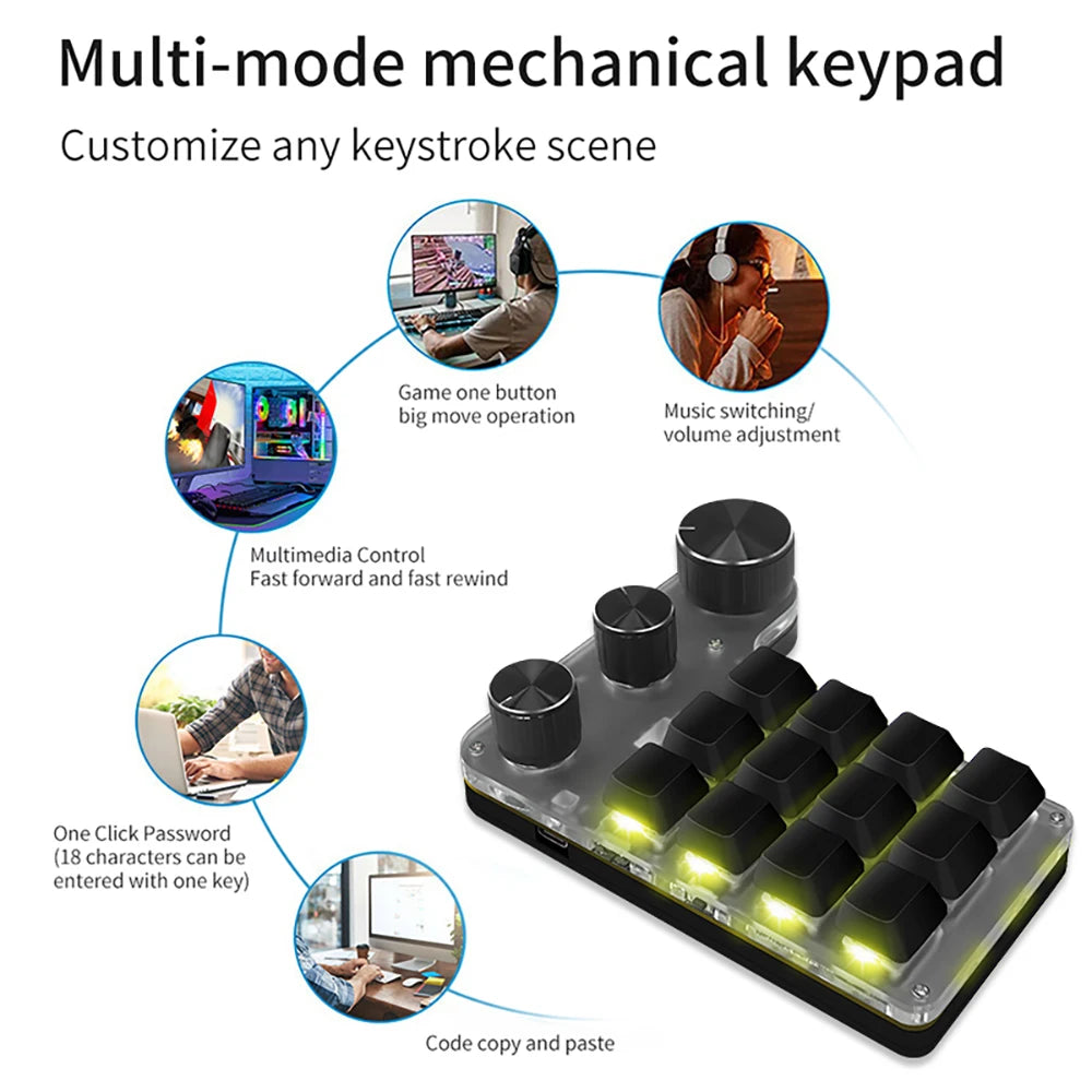 Bluetooth Programming Macro Custom 3 Knob Keyboard RGB 12 Key Copy Paste Photoshop Gaming Keypad Mechanical Hotswap Macropad